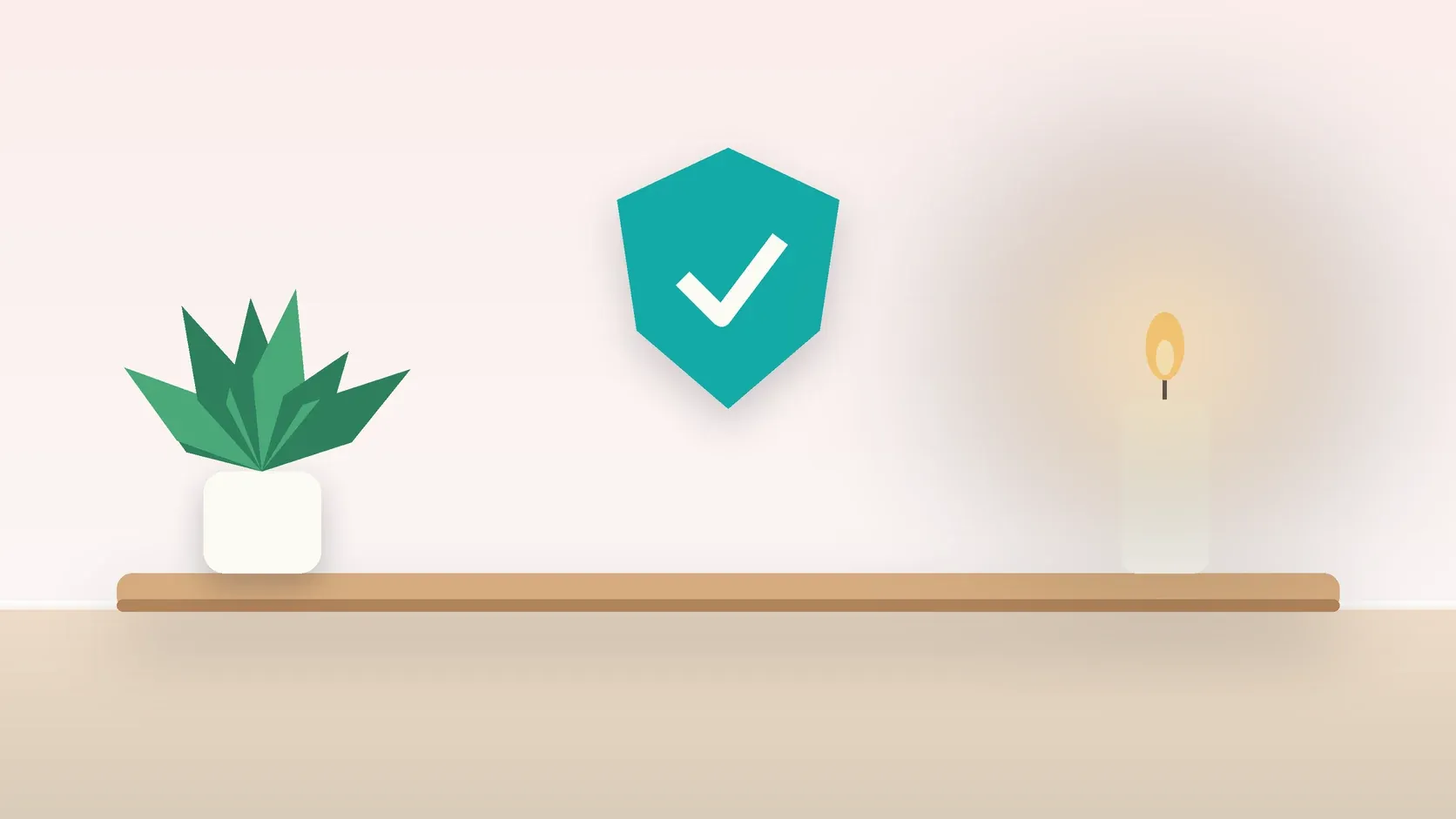 Illustration of a soft shield with a check mark above a desk with a plant and a lit candle, suggesting safety
