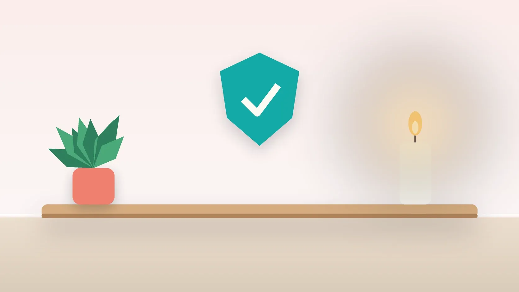 Illustration of a soft shield with a check mark above a desk with a plant and a lit candle, suggesting safety