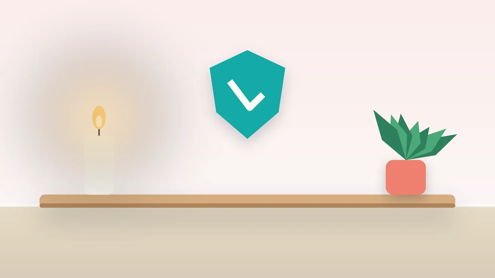 Illustration of a soft shield with a check mark above a desk with a plant and a lit candle, suggesting safety