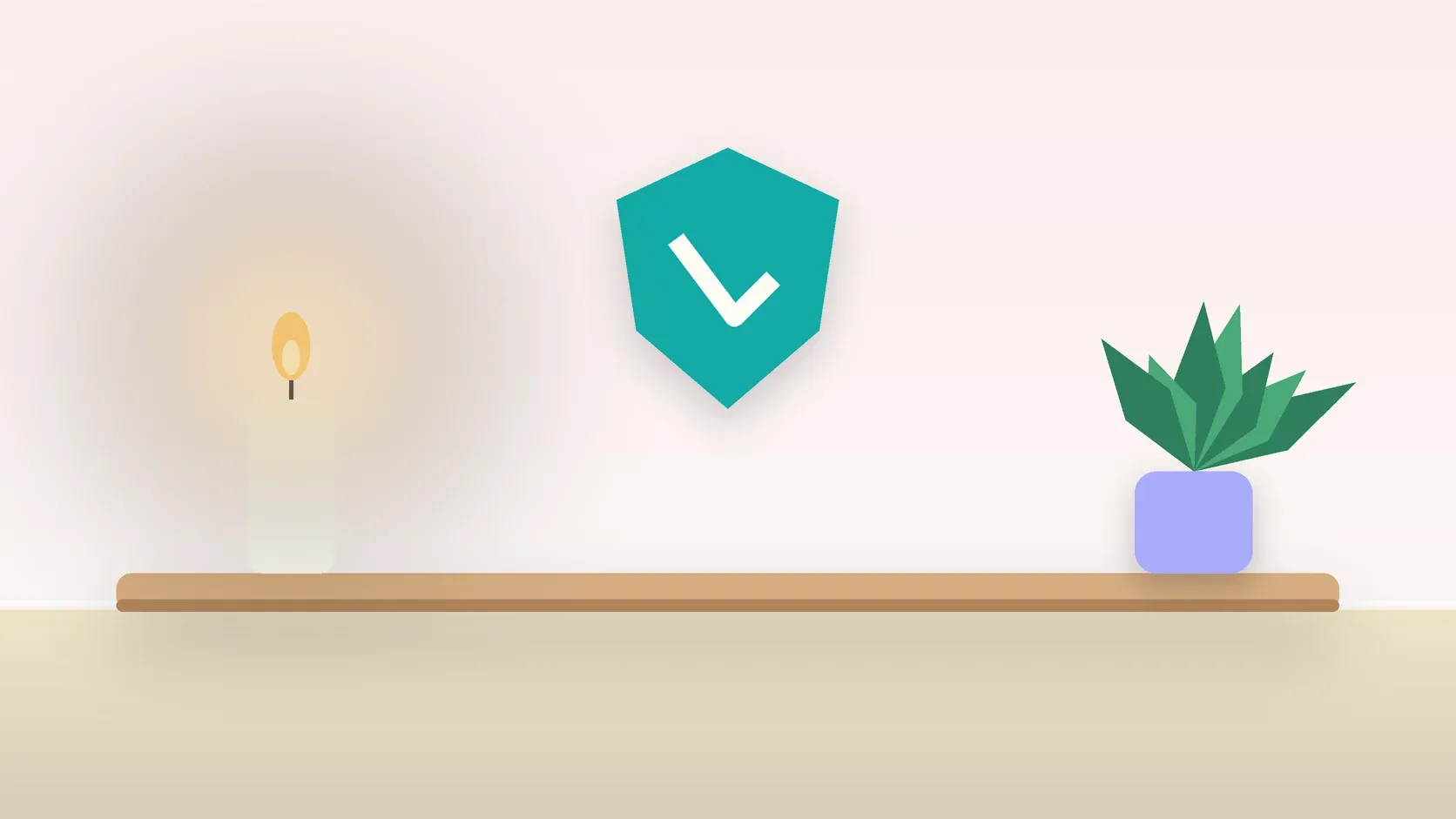 Illustration of a soft shield with a check mark above a desk with a plant and a lit candle, suggesting safety