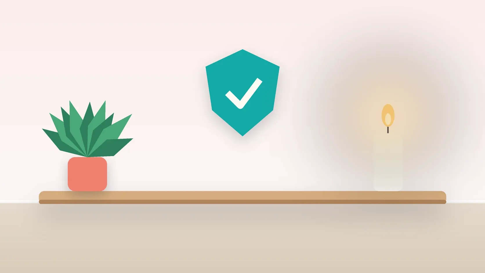 Illustration of a soft shield with a check mark above a desk with a plant and a lit candle, suggesting safety