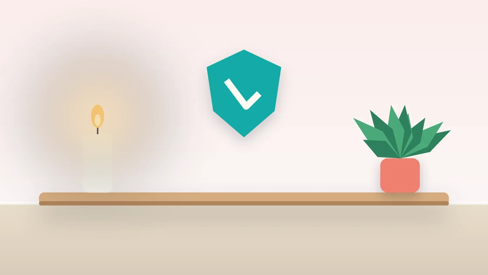 Illustration of a soft shield with a check mark above a desk with a plant and a lit candle, suggesting safety