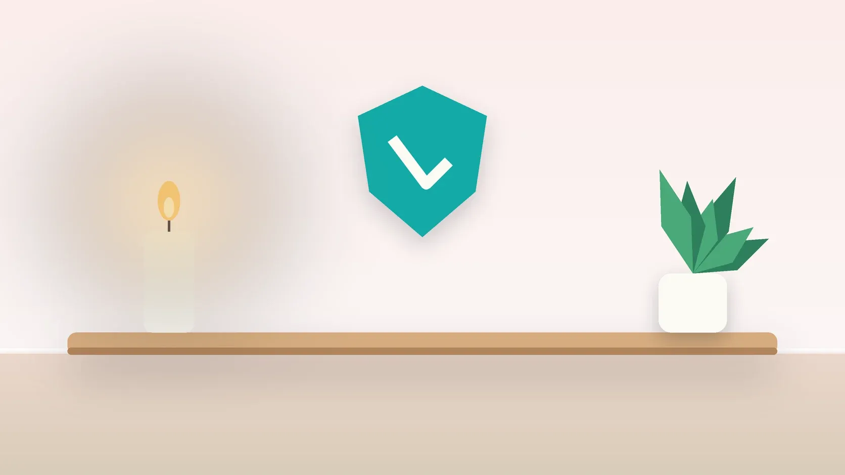 Illustration of a soft shield with a check mark above a desk with a plant and a lit candle, suggesting safety