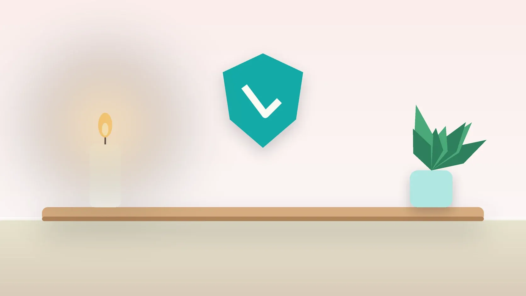 Illustration of a soft shield with a check mark above a desk with a plant and a lit candle, suggesting safety