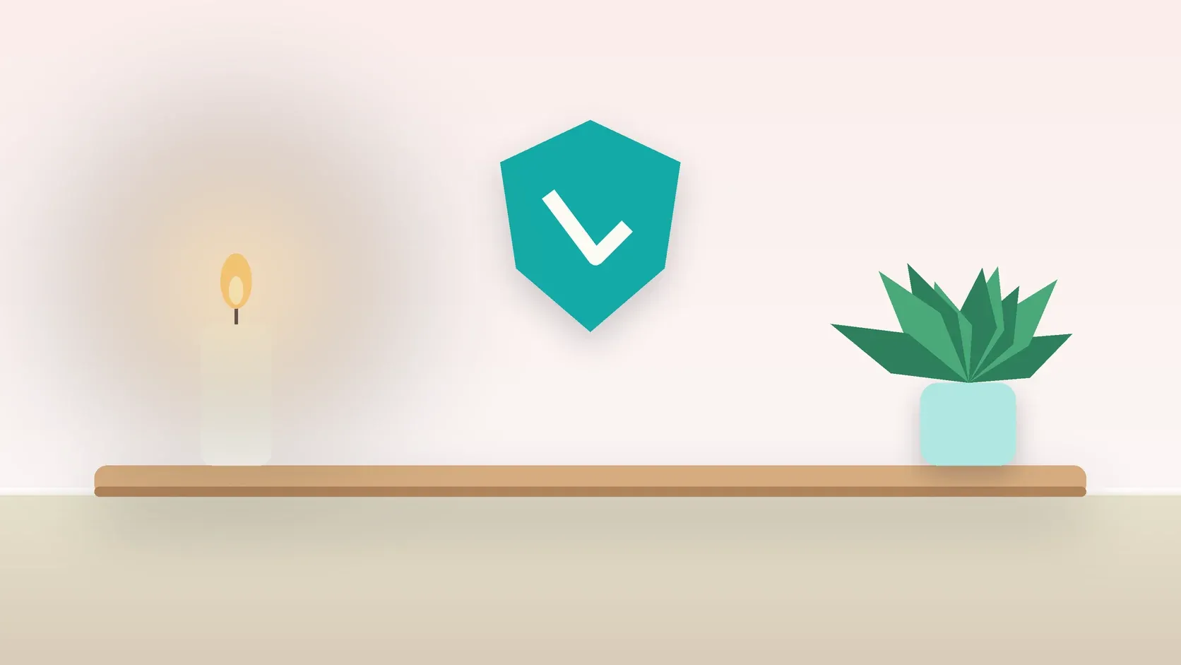 Illustration of a soft shield with a check mark above a desk with a plant and a lit candle, suggesting safety