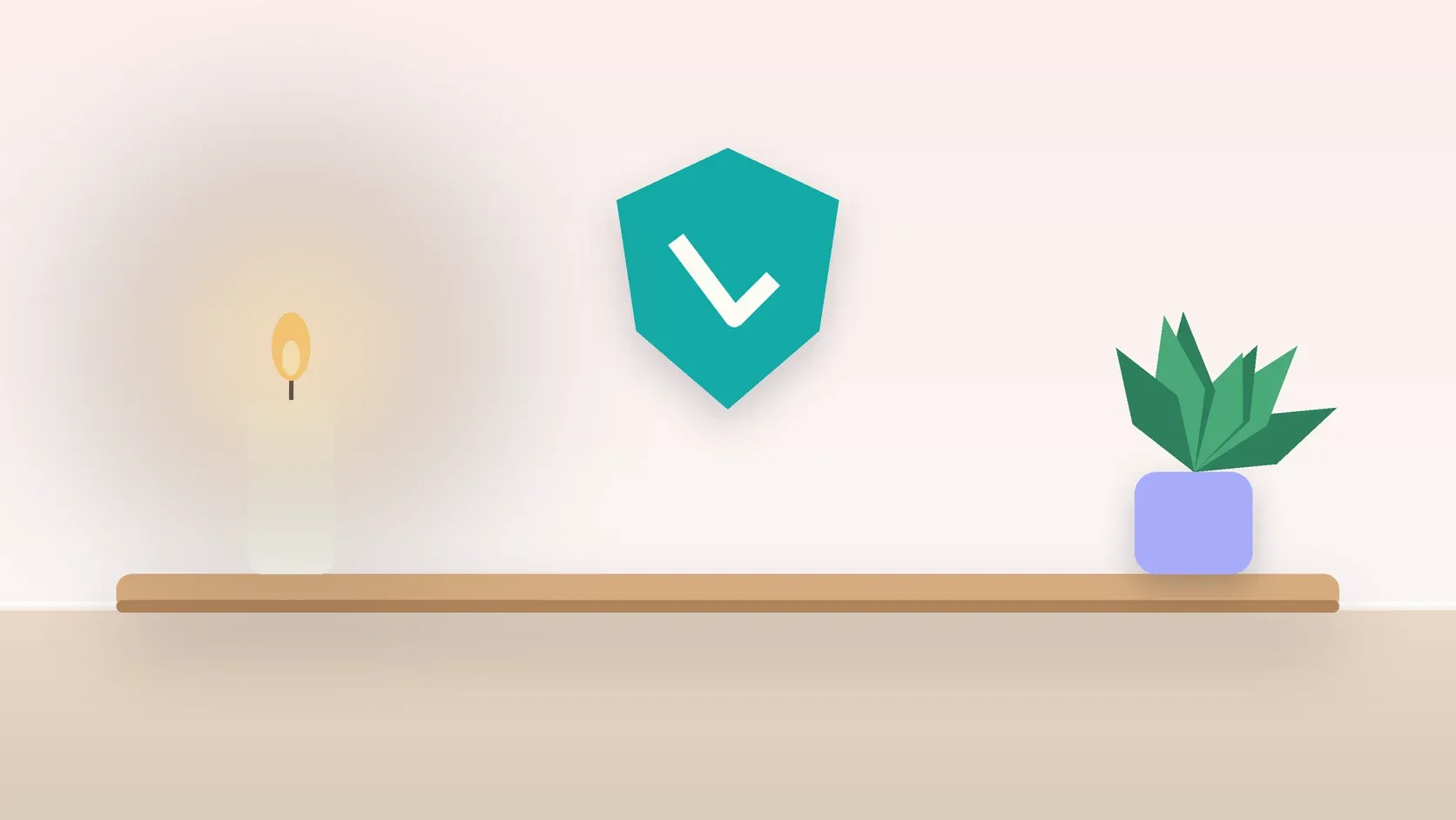 Illustration of a soft shield with a check mark above a desk with a plant and a lit candle, suggesting safety