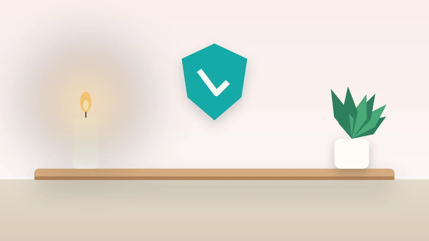 Illustration of a soft shield with a check mark above a desk with a plant and a lit candle, suggesting safety