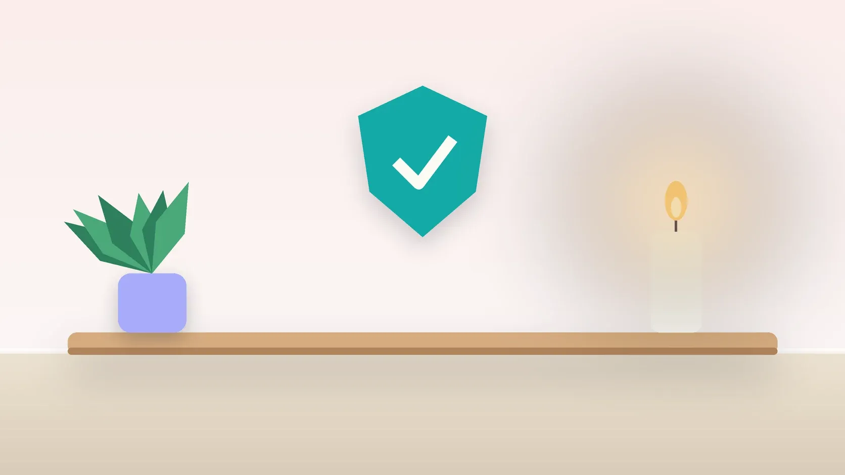 Illustration of a soft shield with a check mark above a desk with a plant and a lit candle, suggesting safety