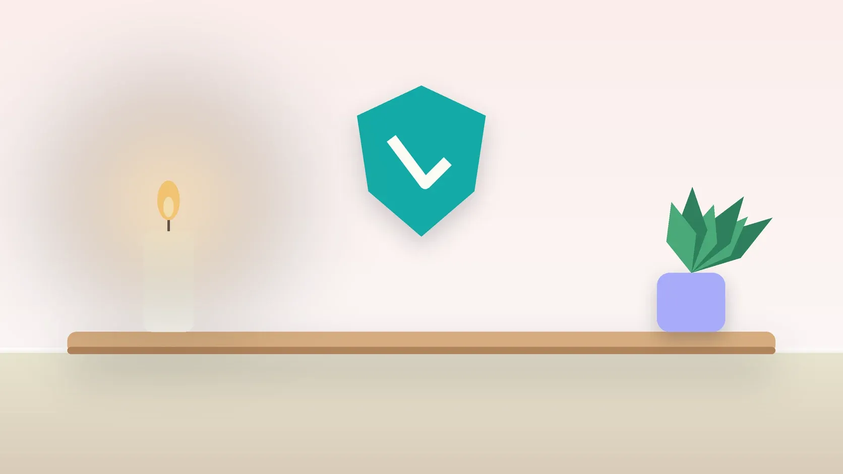 Illustration of a soft shield with a check mark above a desk with a plant and a lit candle, suggesting safety