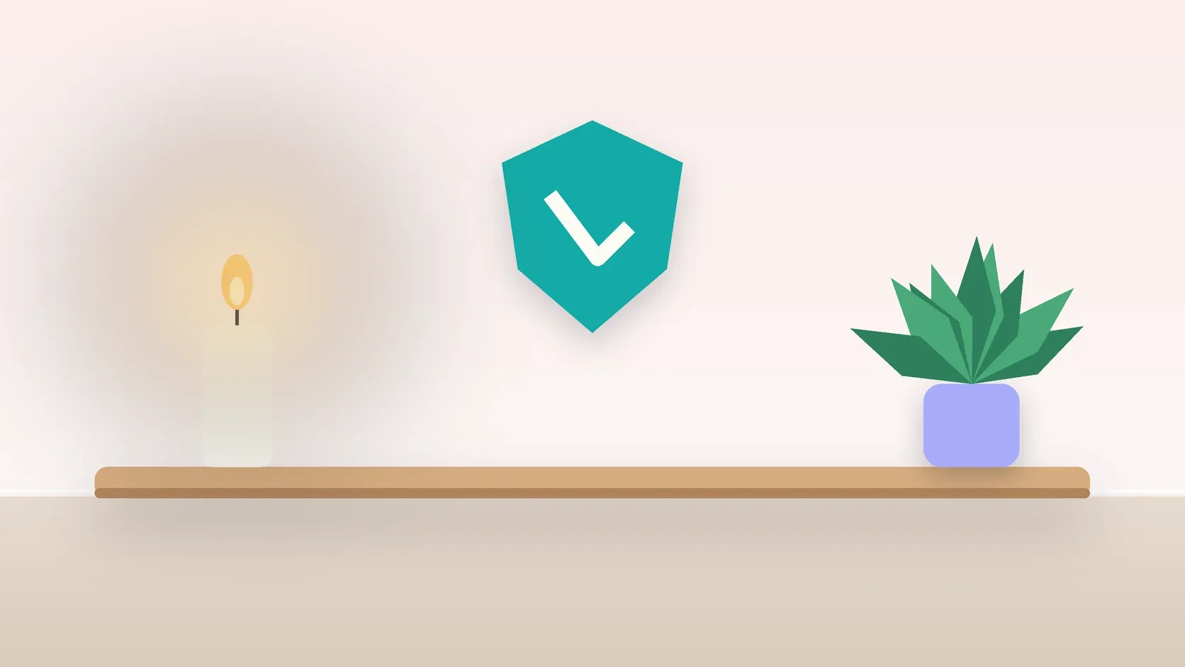 Illustration of a soft shield with a check mark above a desk with a plant and a lit candle, suggesting safety