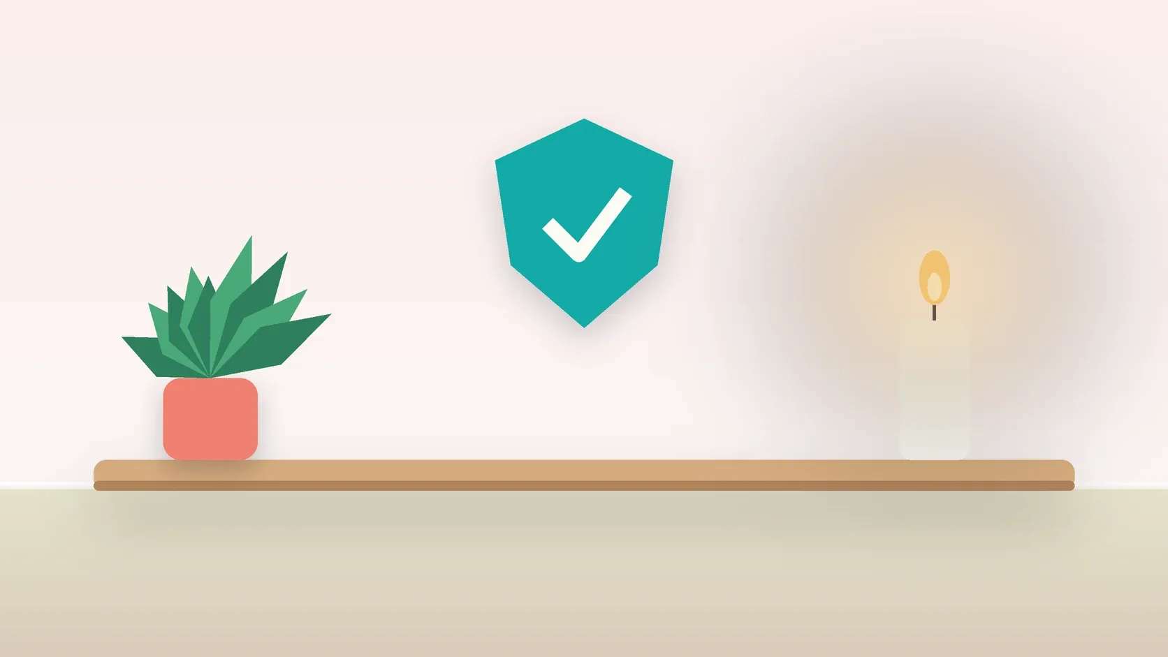 Illustration of a soft shield with a check mark above a desk with a plant and a lit candle, suggesting safety