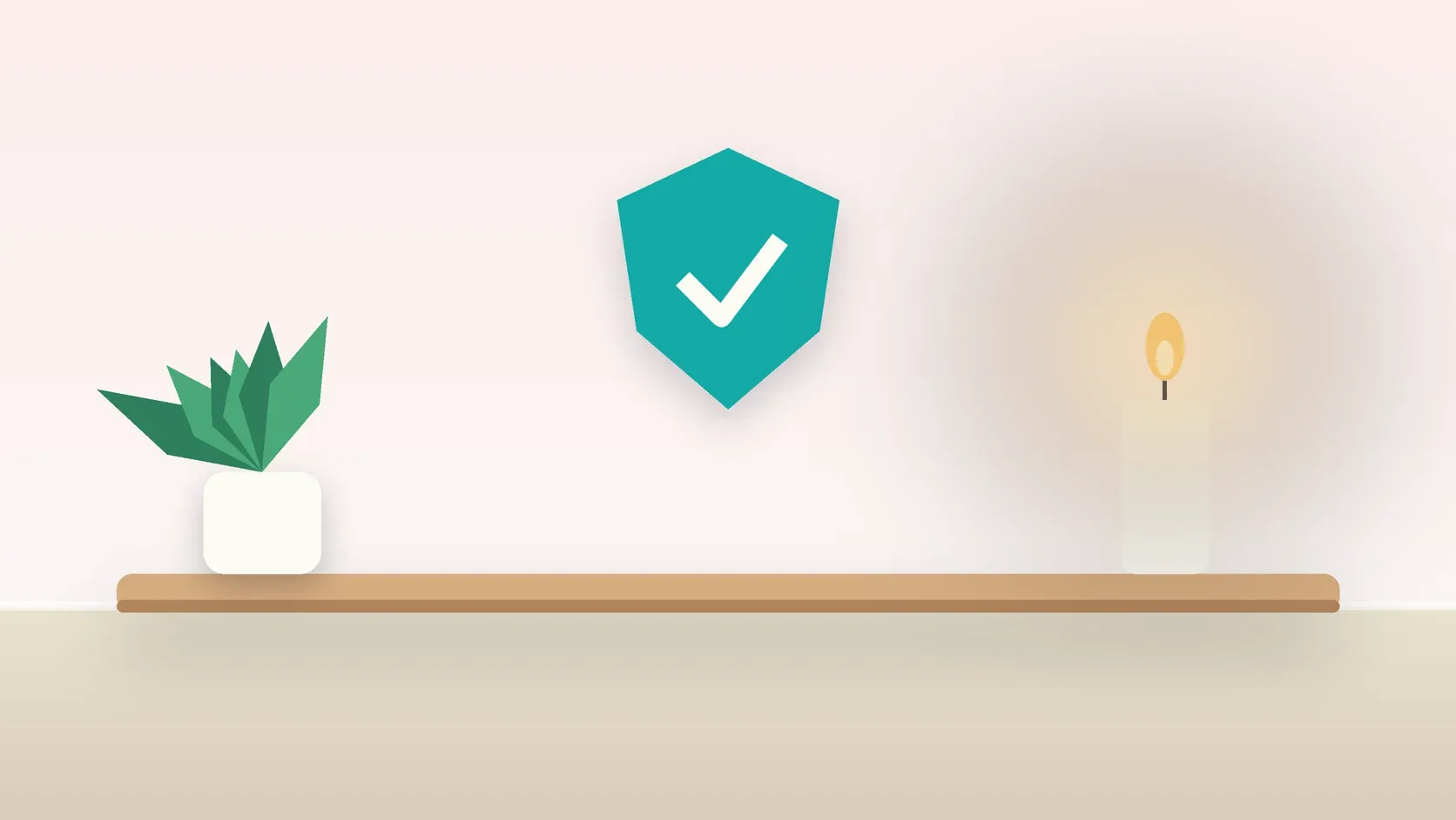 Illustration of a soft shield with a check mark above a desk with a plant and a lit candle, suggesting safety