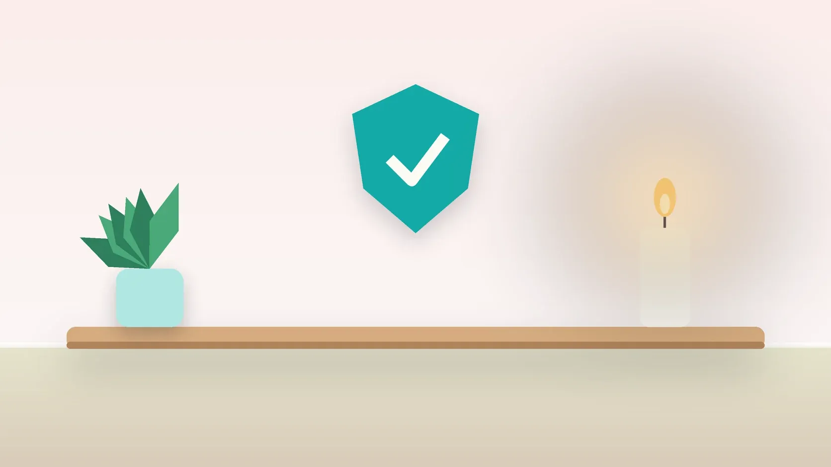 Illustration of a soft shield with a check mark above a desk with a plant and a lit candle, suggesting safety