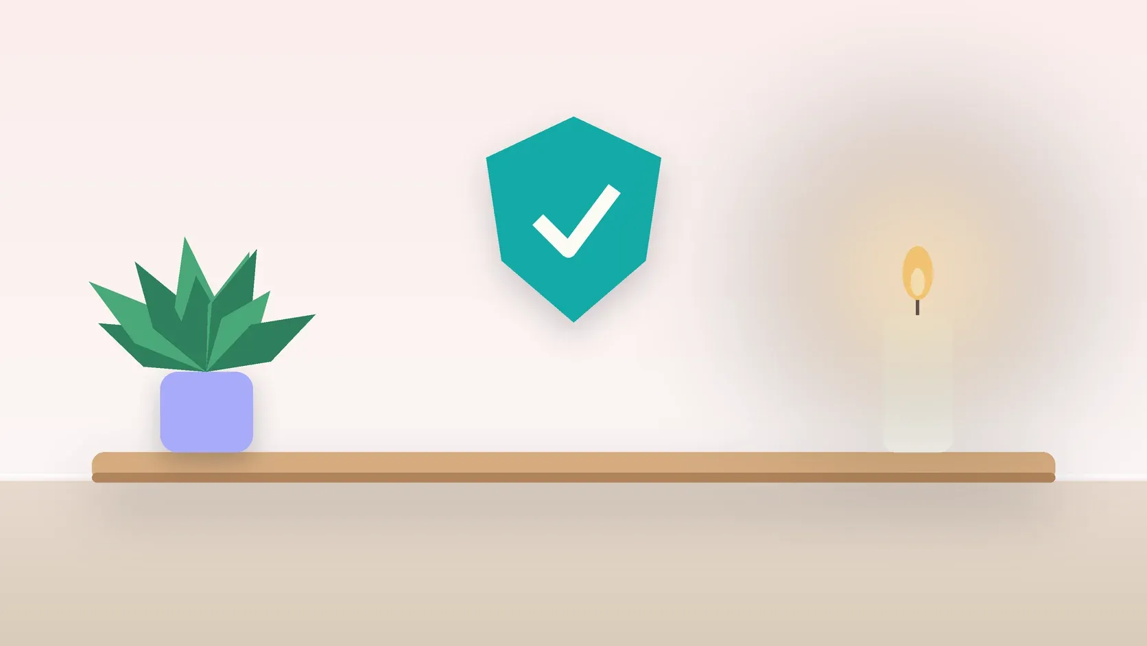 Illustration of a soft shield with a check mark above a desk with a plant and a lit candle, suggesting safety