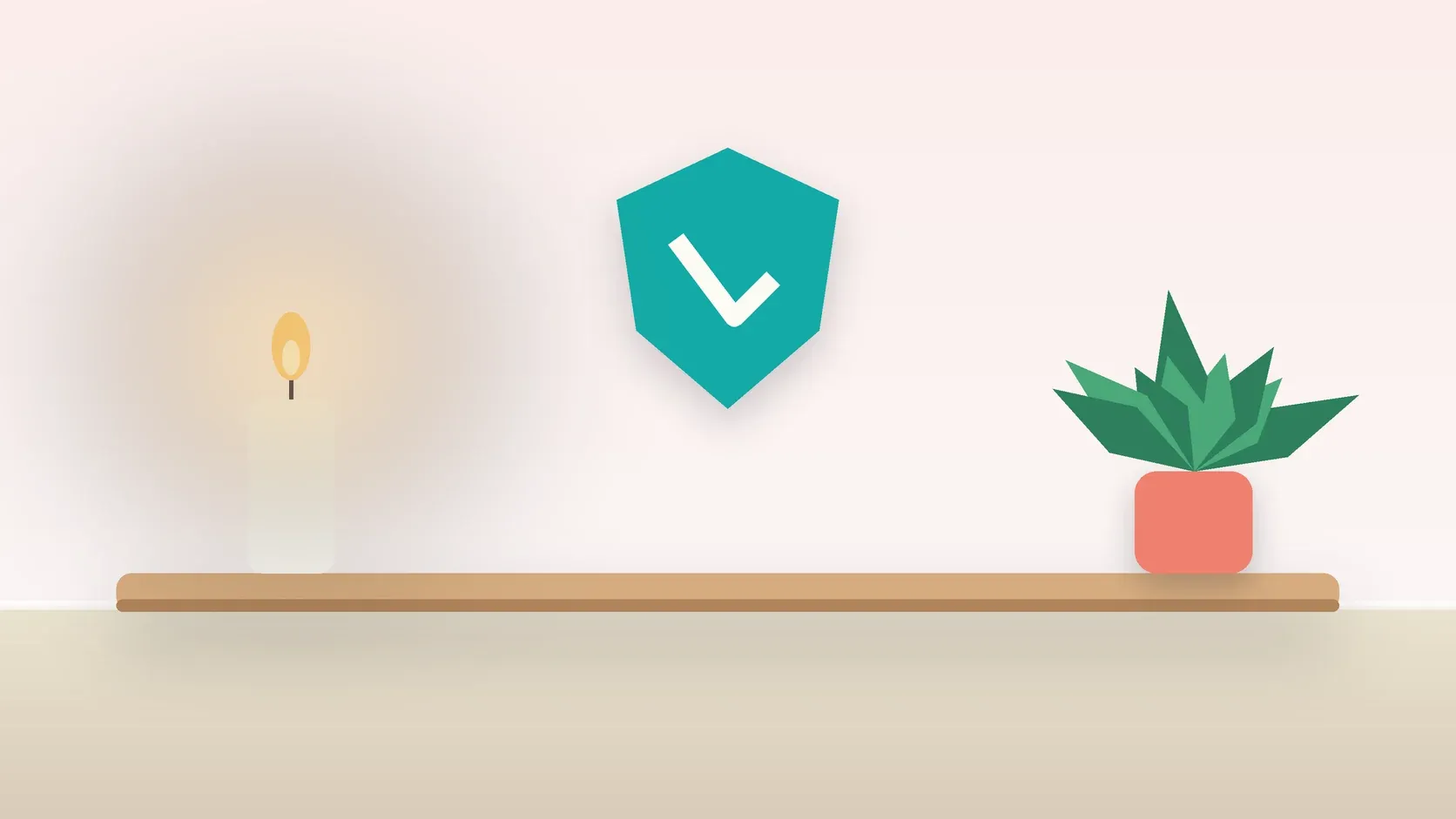Illustration of a soft shield with a check mark above a desk with a plant and a lit candle, suggesting safety