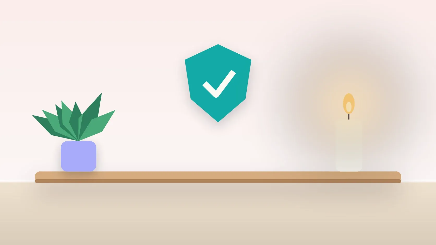 Illustration of a soft shield with a check mark above a desk with a plant and a lit candle, suggesting safety