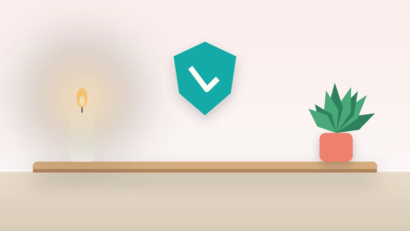 Illustration of a soft shield with a check mark above a desk with a plant and a lit candle, suggesting safety