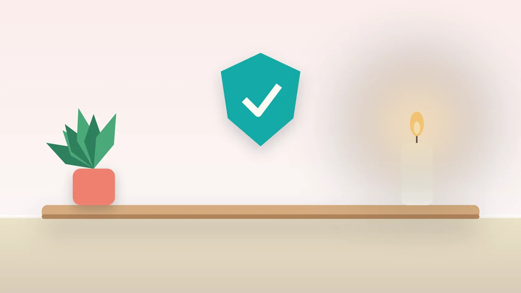 Illustration of a soft shield with a check mark above a desk with a plant and a lit candle, suggesting safety