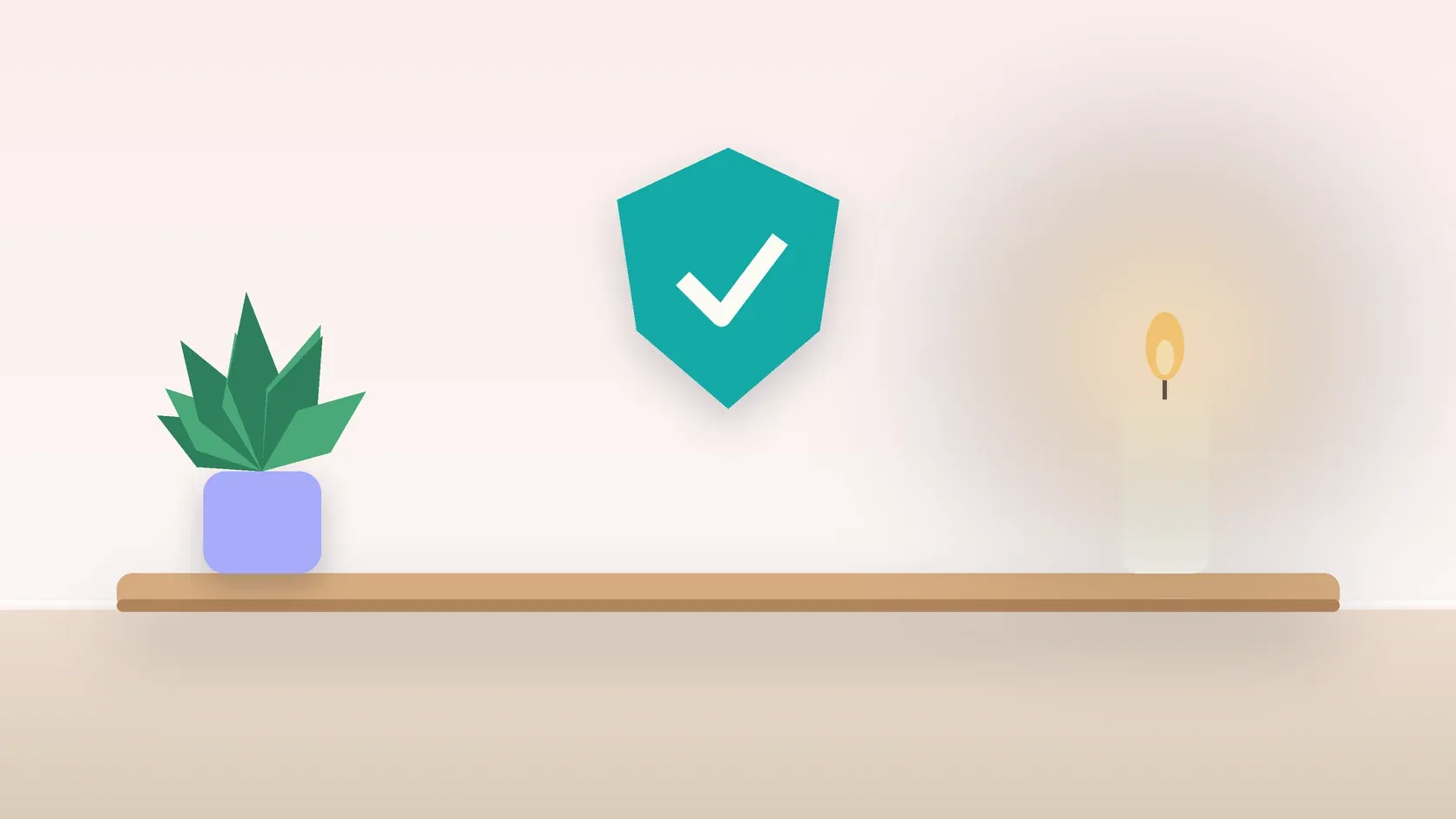 Illustration of a soft shield with a check mark above a desk with a plant and a lit candle, suggesting safety