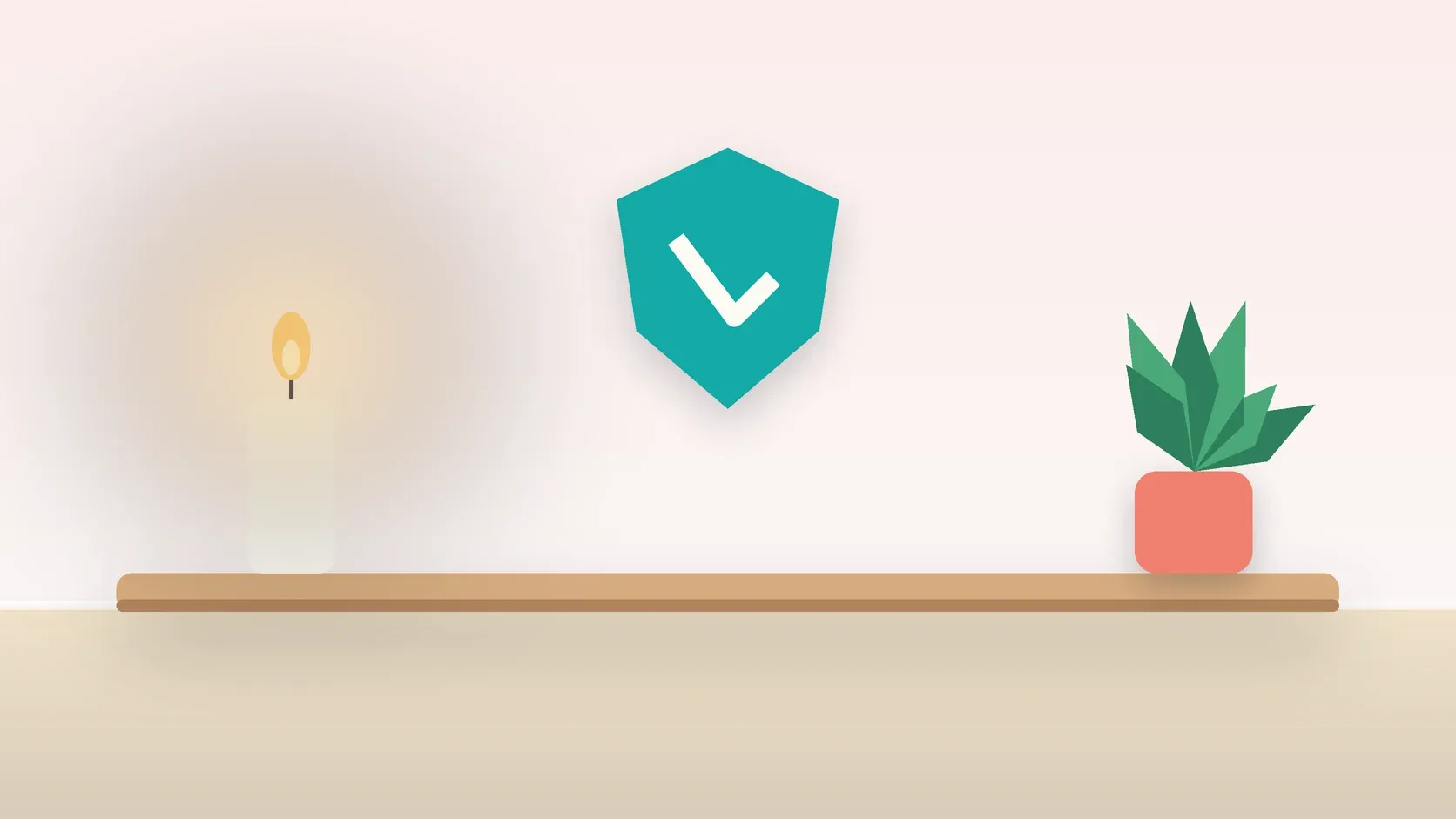Illustration of a soft shield with a check mark above a desk with a plant and a lit candle, suggesting safety