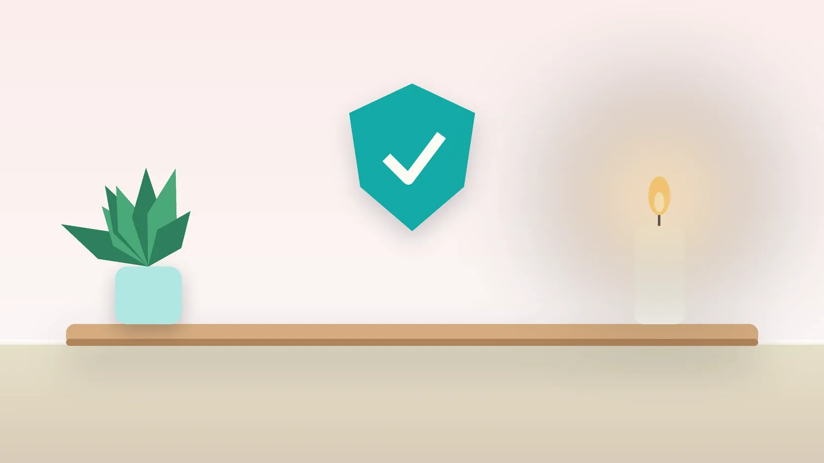 Illustration of a soft shield with a check mark above a desk with a plant and a lit candle, suggesting safety