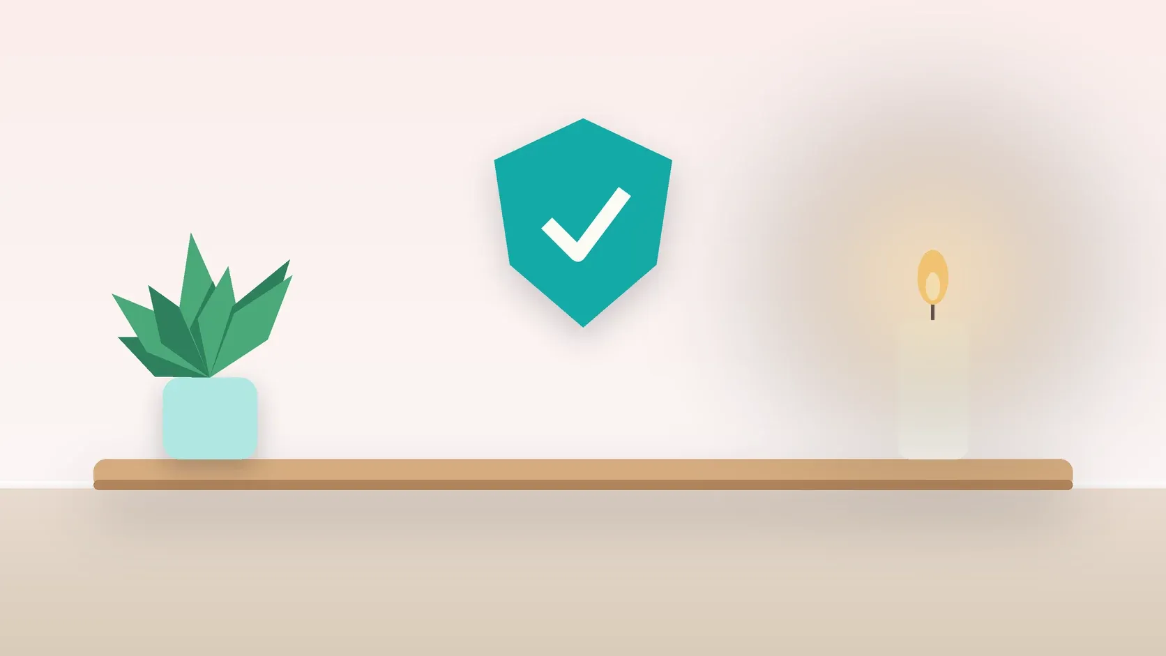 Illustration of a soft shield with a check mark above a desk with a plant and a lit candle, suggesting safety