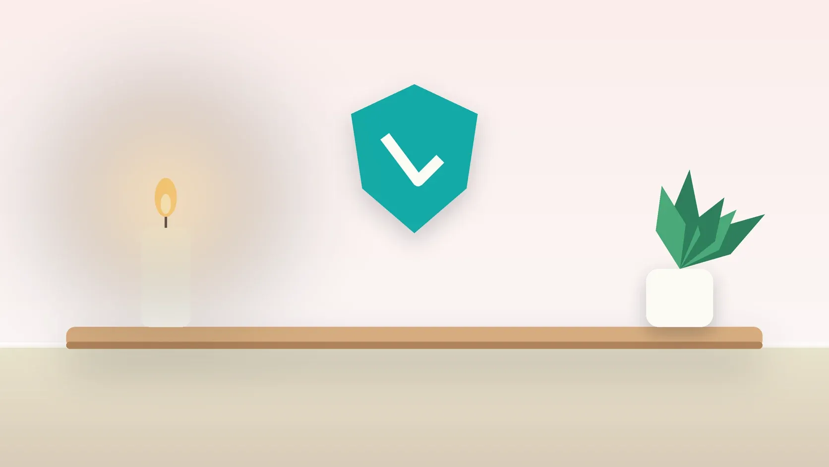 Illustration of a soft shield with a check mark above a desk with a plant and a lit candle, suggesting safety