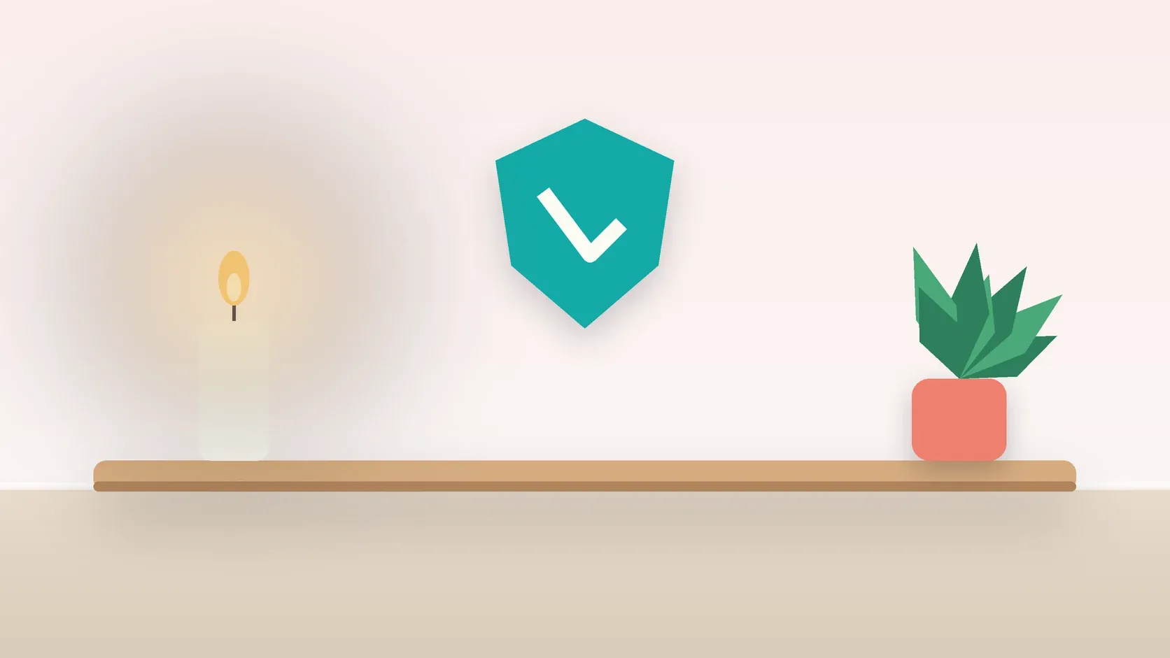 Illustration of a soft shield with a check mark above a desk with a plant and a lit candle, suggesting safety