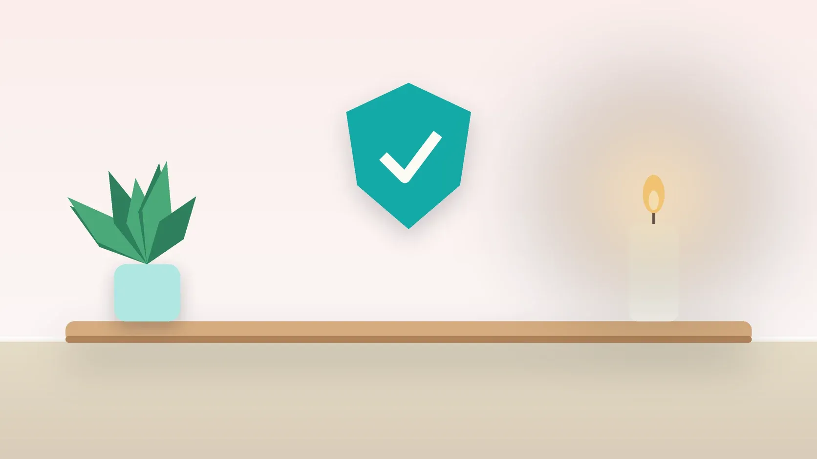 Illustration of a soft shield with a check mark above a desk with a plant and a lit candle, suggesting safety