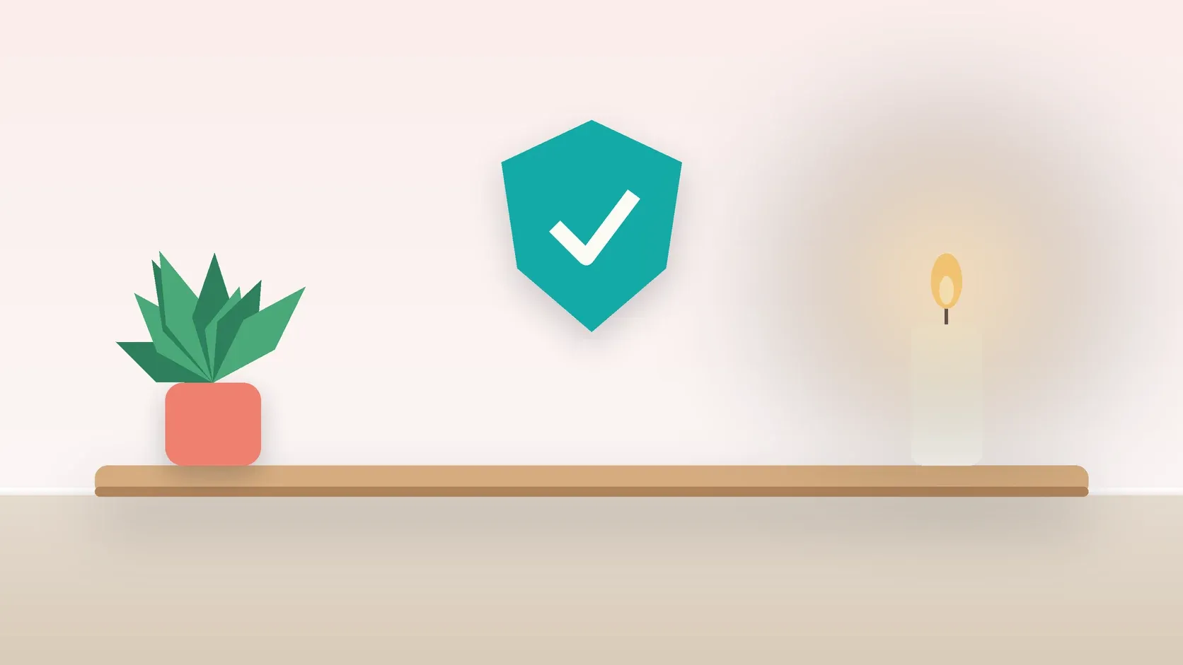 Illustration of a soft shield with a check mark above a desk with a plant and a lit candle, suggesting safety