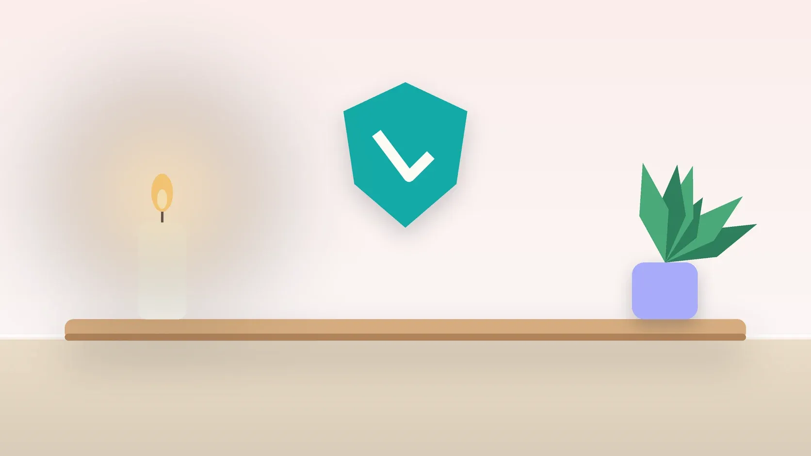 Illustration of a soft shield with a check mark above a desk with a plant and a lit candle, suggesting safety