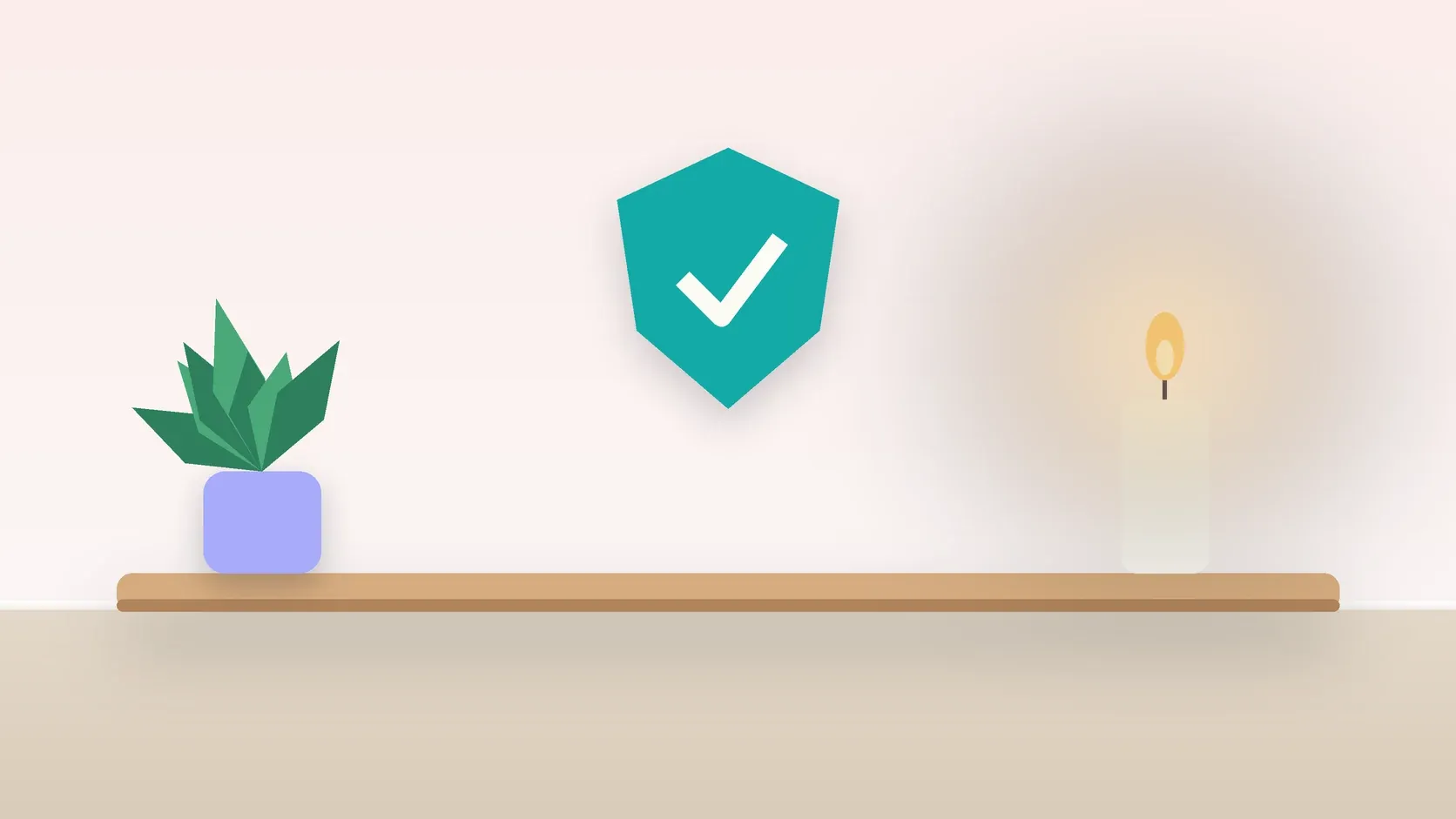 Illustration of a soft shield with a check mark above a desk with a plant and a lit candle, suggesting safety