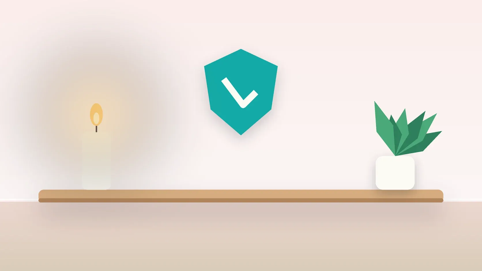Illustration of a soft shield with a check mark above a desk with a plant and a lit candle, suggesting safety