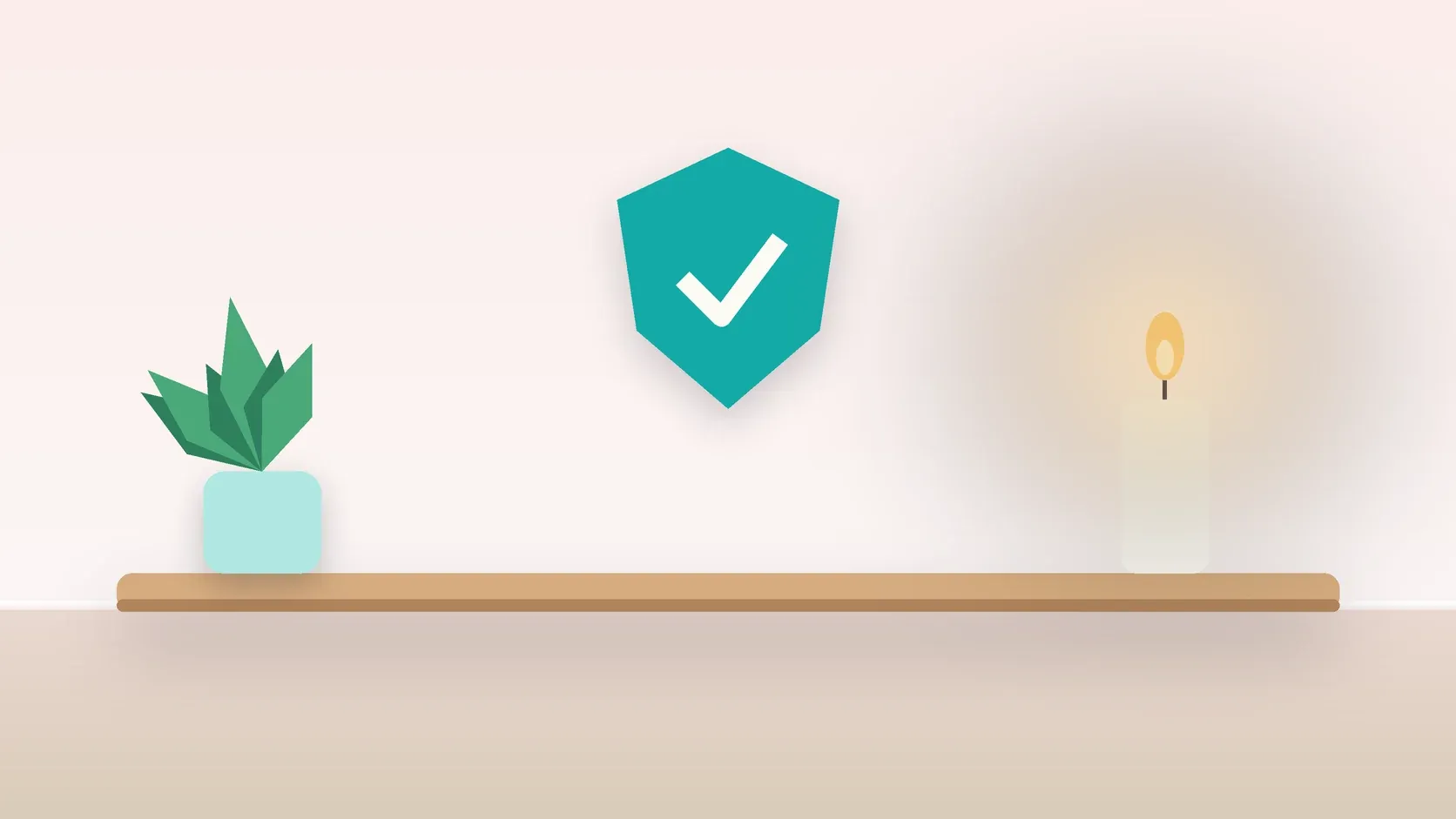 Illustration of a soft shield with a check mark above a desk with a plant and a lit candle, suggesting safety