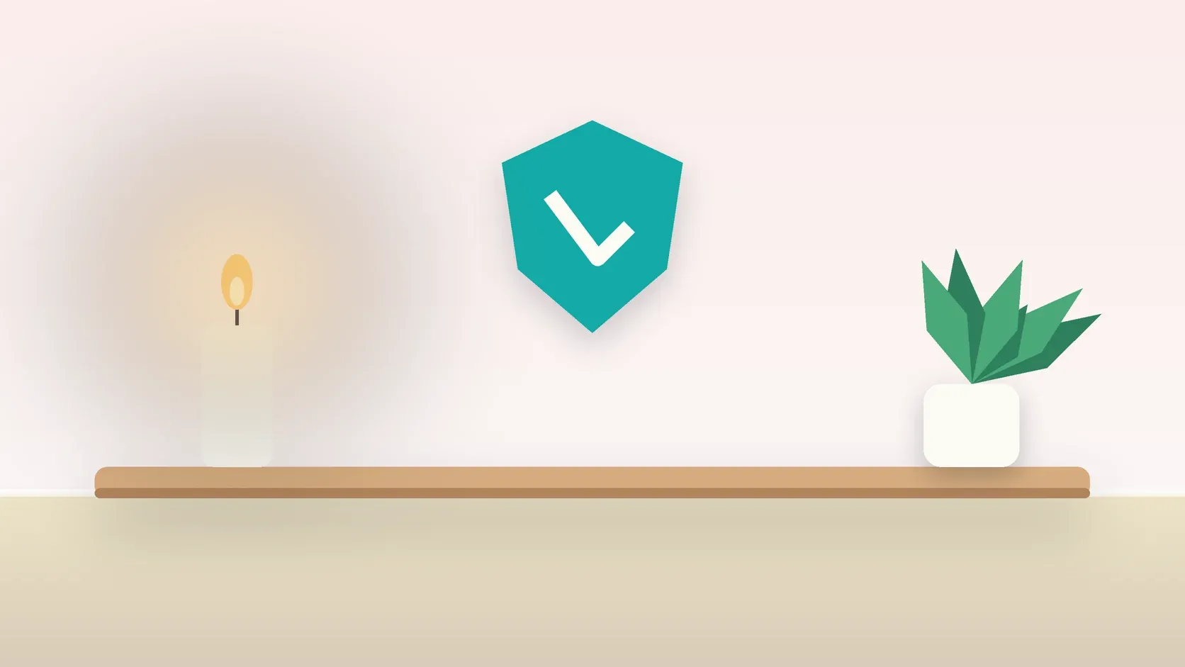 Illustration of a soft shield with a check mark above a desk with a plant and a lit candle, suggesting safety