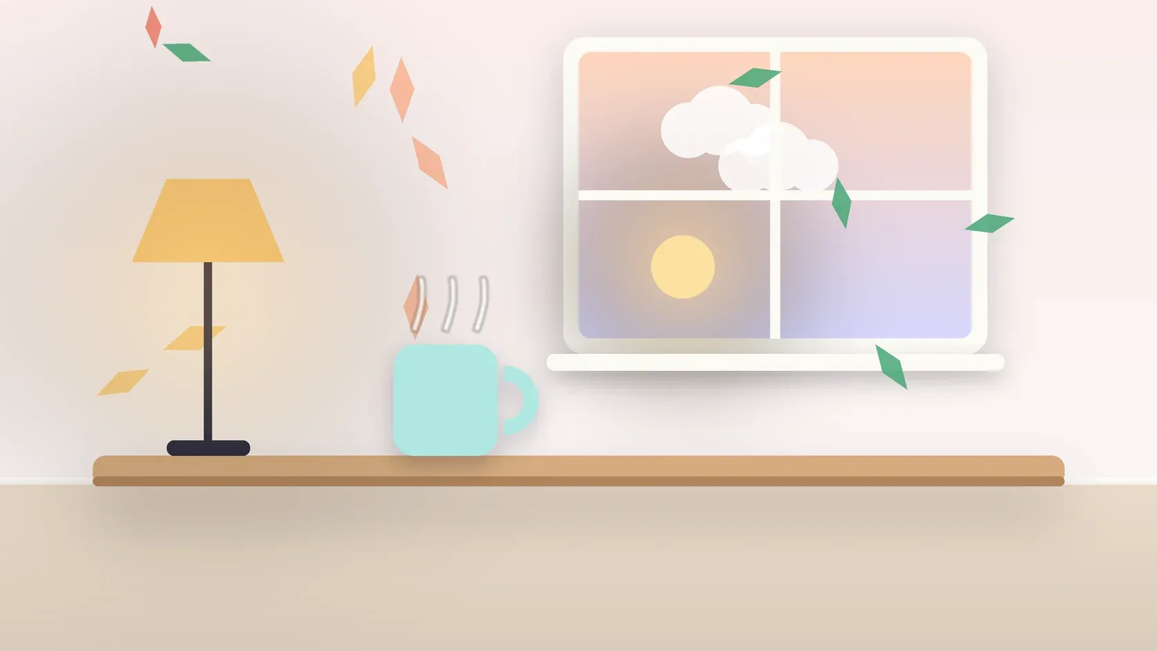 Illustration of autumn leaves drifting past a window at low sun, with a glowing lamp and a mug on a desk