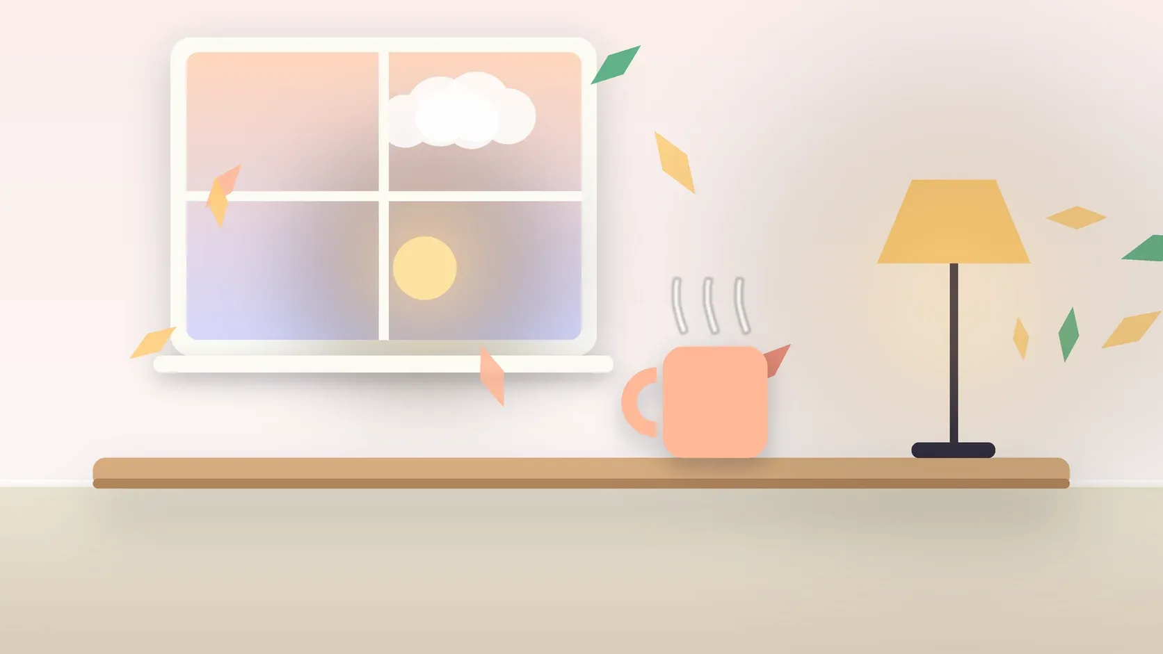 Illustration of autumn leaves drifting past a window at low sun, with a glowing lamp and a mug on a desk