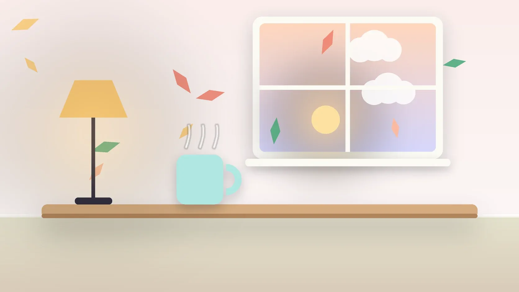 Illustration of autumn leaves drifting past a window at low sun, with a glowing lamp and a mug on a desk