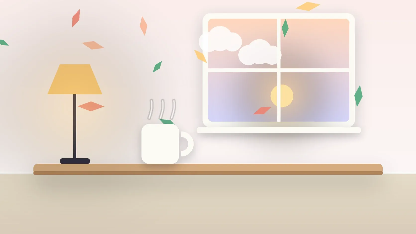 Illustration of autumn leaves drifting past a window at low sun, with a glowing lamp and a mug on a desk
