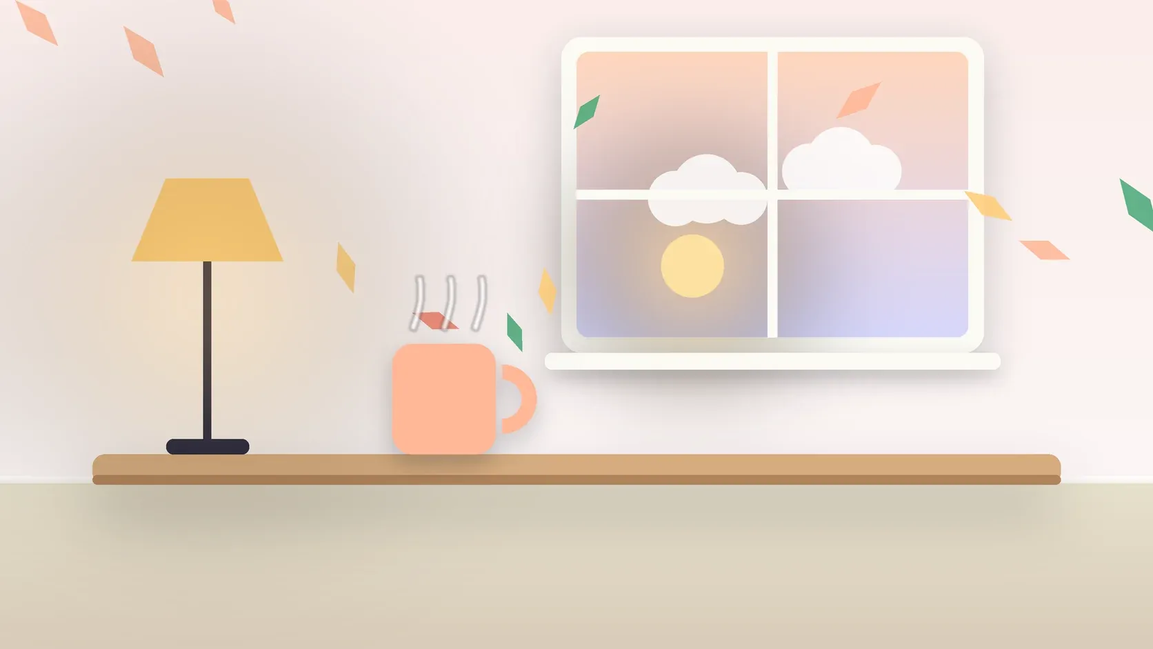 Illustration of autumn leaves drifting past a window at low sun, with a glowing lamp and a mug on a desk