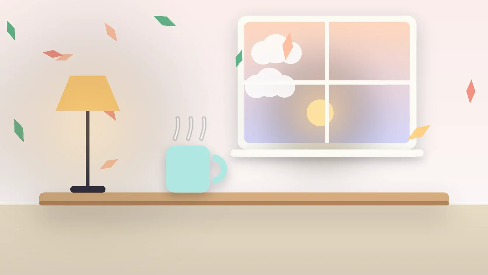 Illustration of autumn leaves drifting past a window at low sun, with a glowing lamp and a mug on a desk