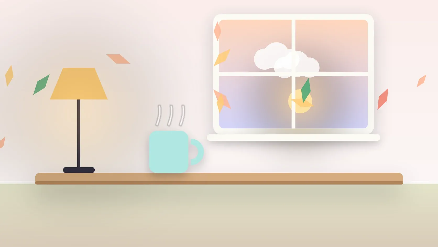Illustration of autumn leaves drifting past a window at low sun, with a glowing lamp and a mug on a desk