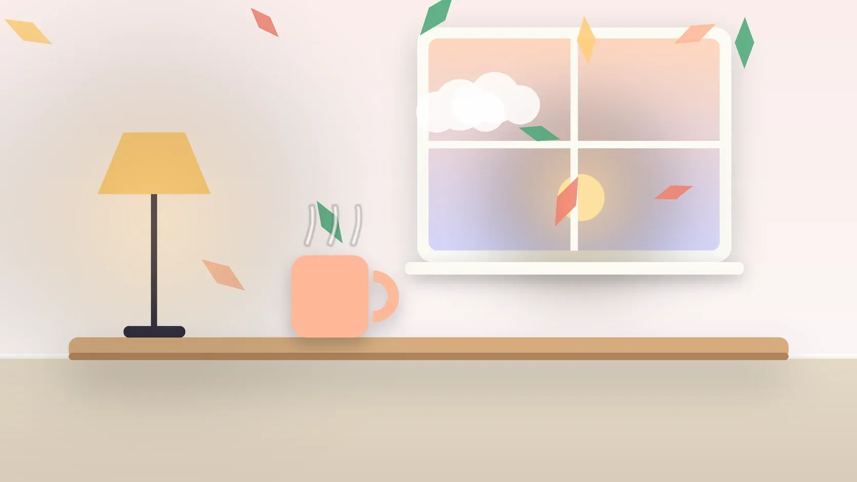 Illustration of autumn leaves drifting past a window at low sun, with a glowing lamp and a mug on a desk