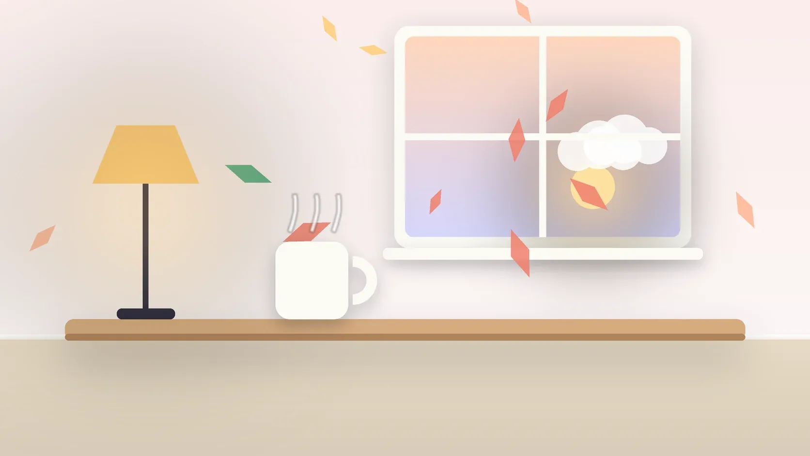 Illustration of autumn leaves drifting past a window at low sun, with a glowing lamp and a mug on a desk