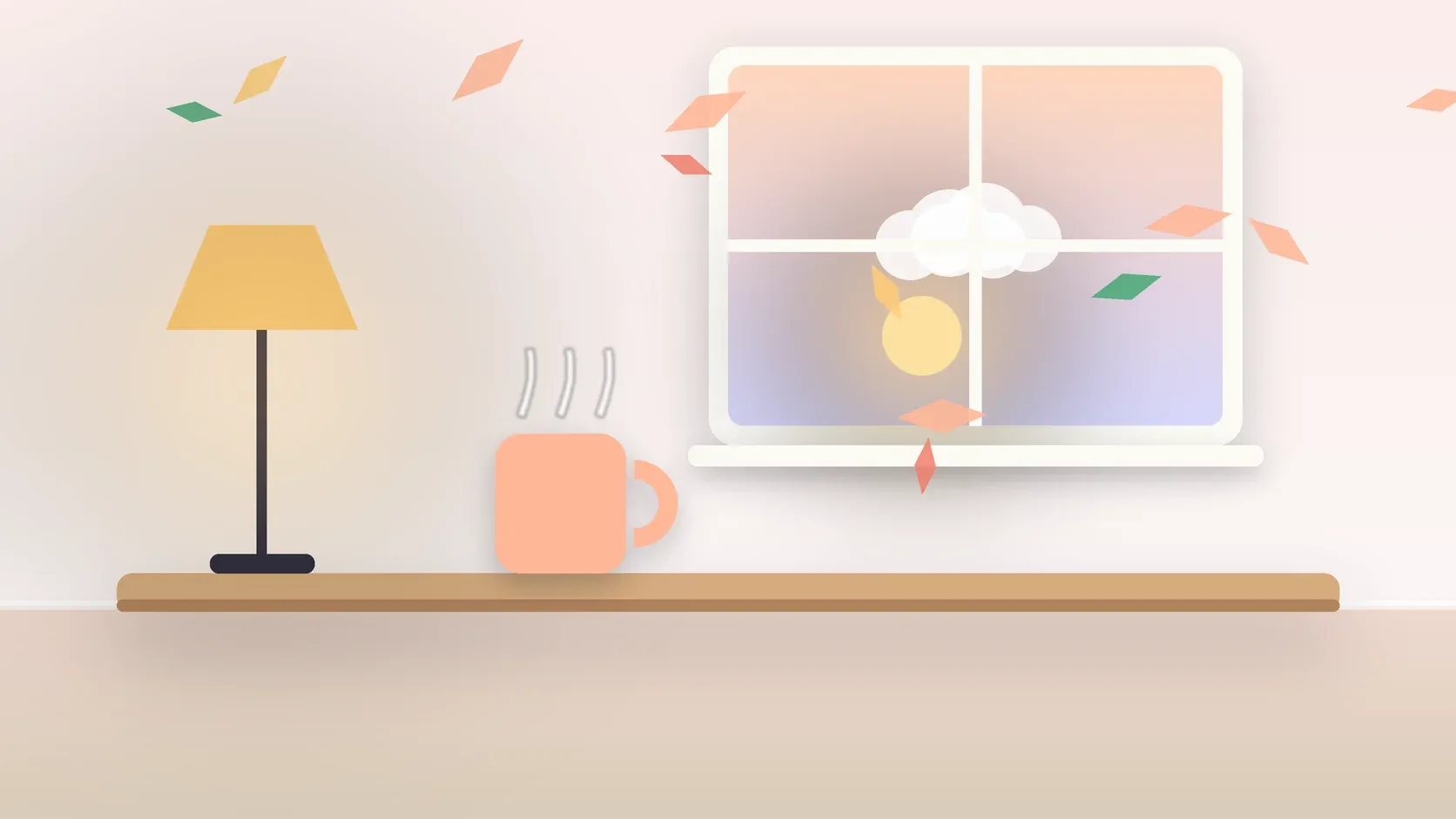 Illustration of autumn leaves drifting past a window at low sun, with a glowing lamp and a mug on a desk