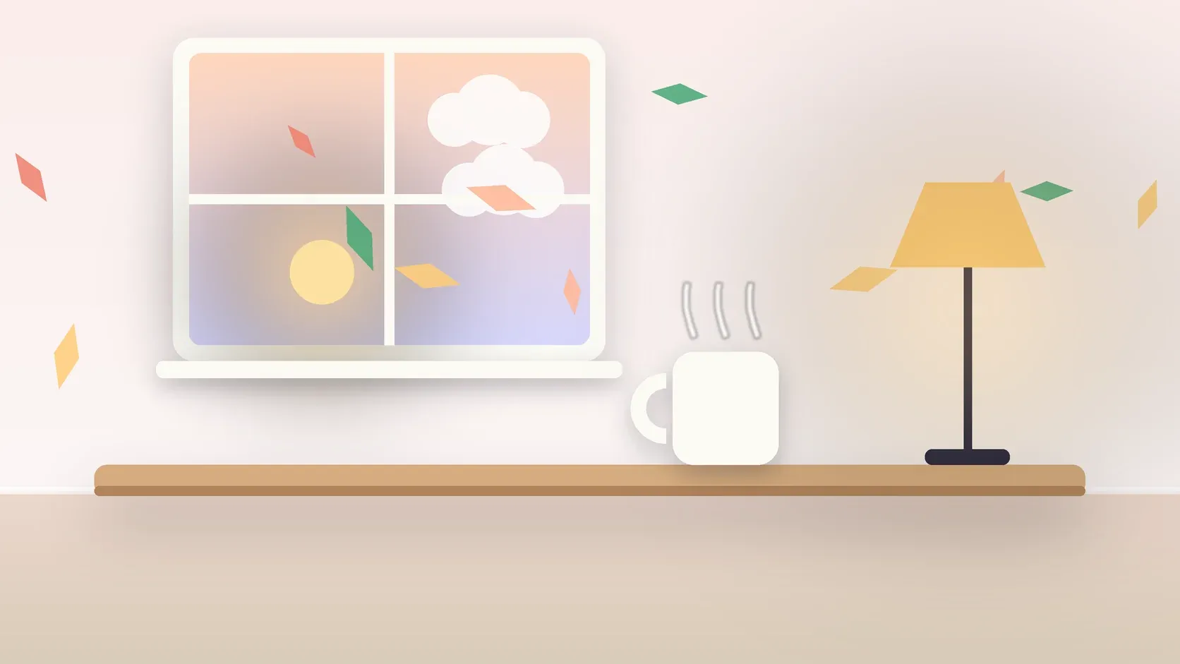 Illustration of autumn leaves drifting past a window at low sun, with a glowing lamp and a mug on a desk