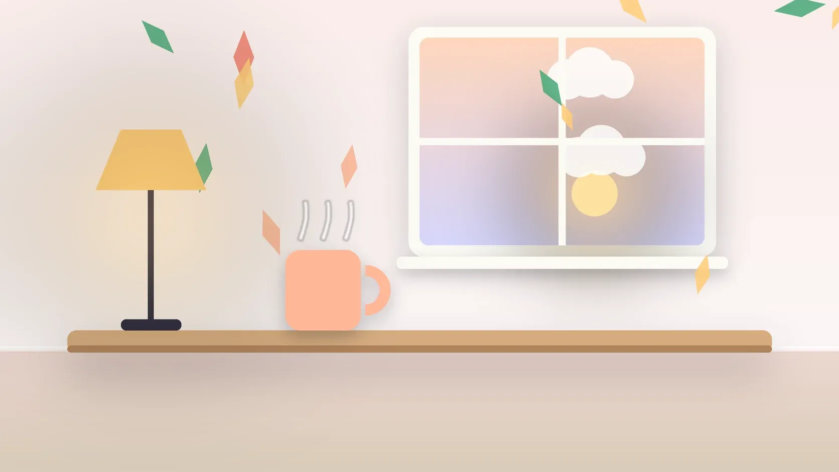 Illustration of autumn leaves drifting past a window at low sun, with a glowing lamp and a mug on a desk