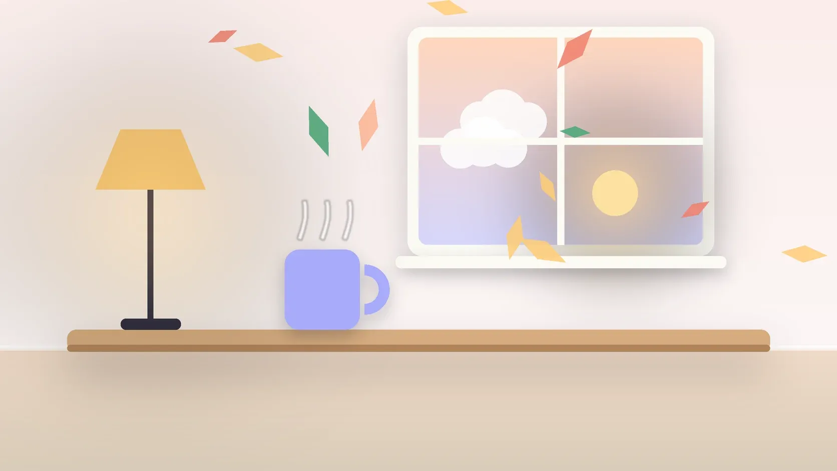 Illustration of autumn leaves drifting past a window at low sun, with a glowing lamp and a mug on a desk