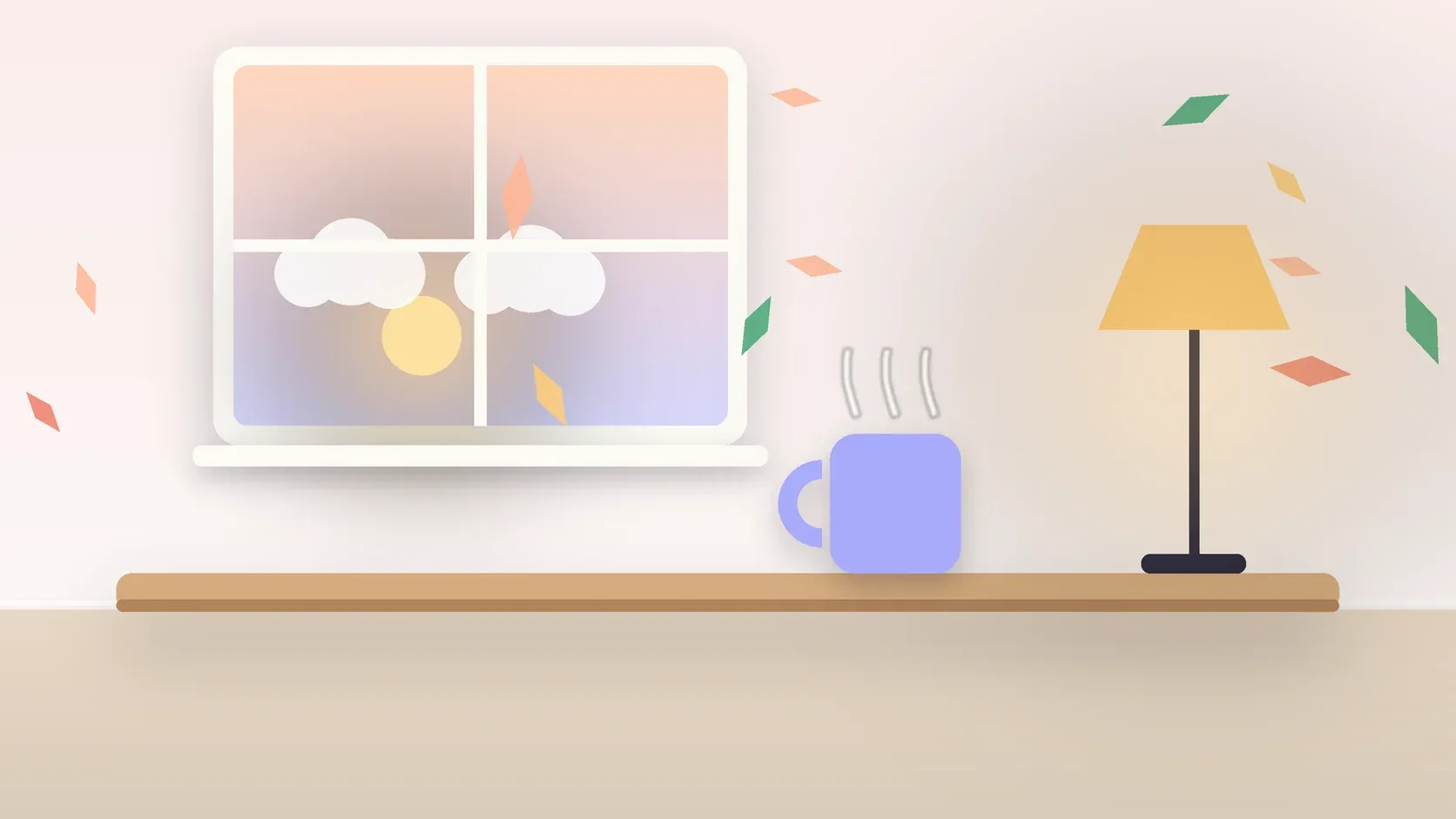 Illustration of autumn leaves drifting past a window at low sun, with a glowing lamp and a mug on a desk