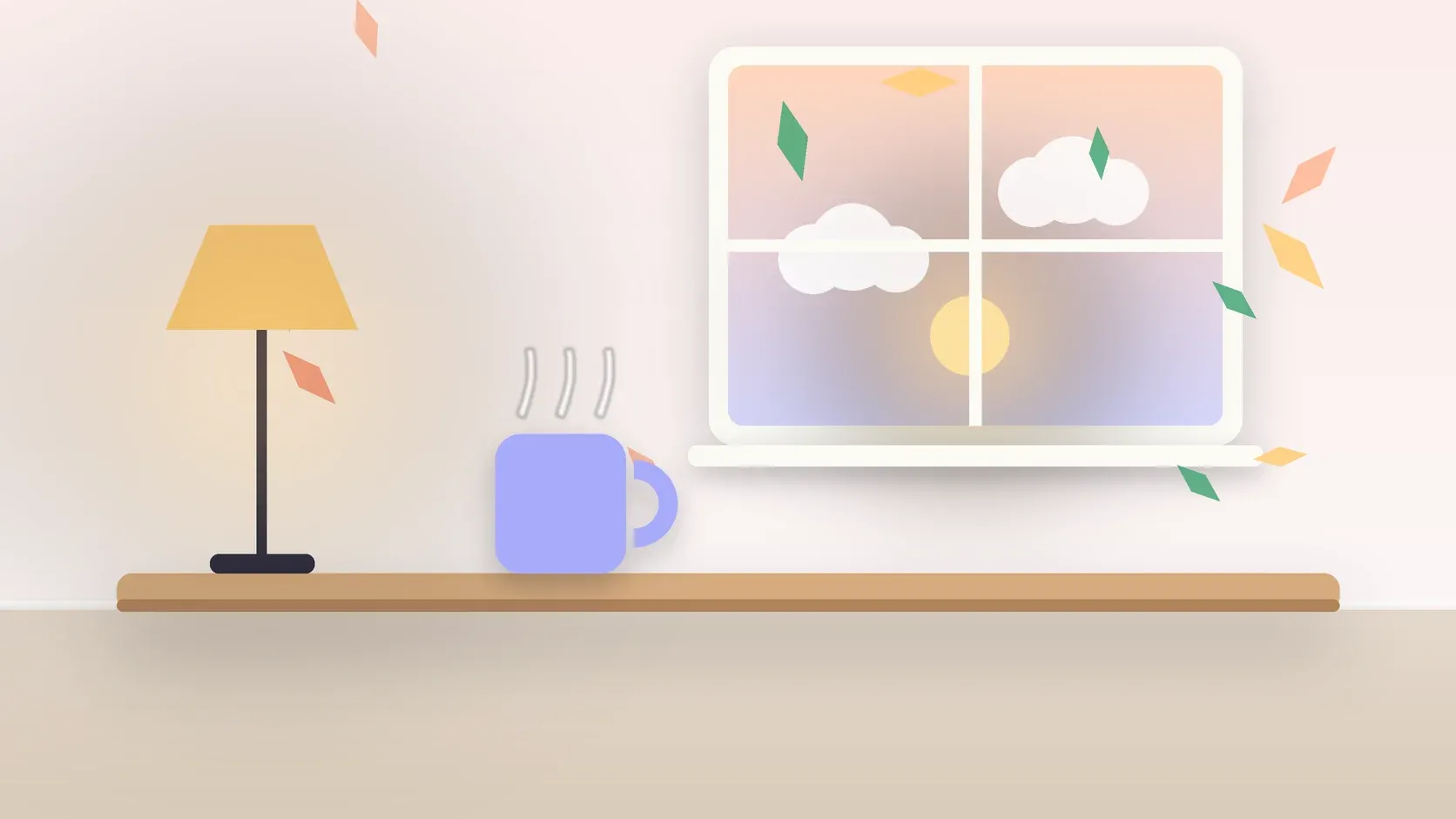 Illustration of autumn leaves drifting past a window at low sun, with a glowing lamp and a mug on a desk